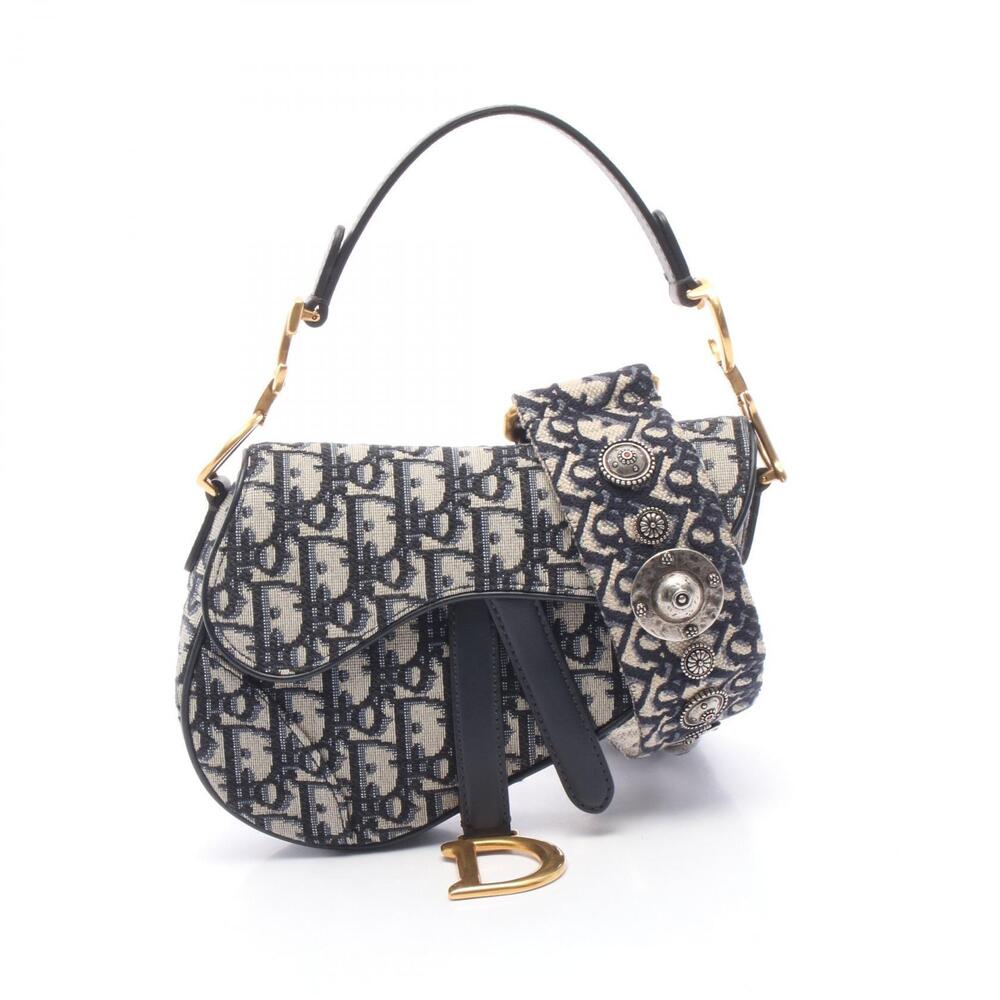 Christian Dior Saddle Oblique Handbag Canvas Leather Navy Blue Beige